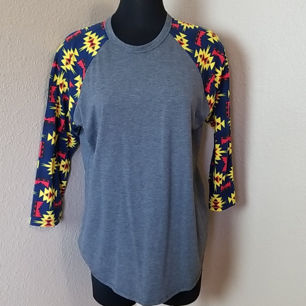 Lularoe Randy Gray Blue Print Sleeve Top